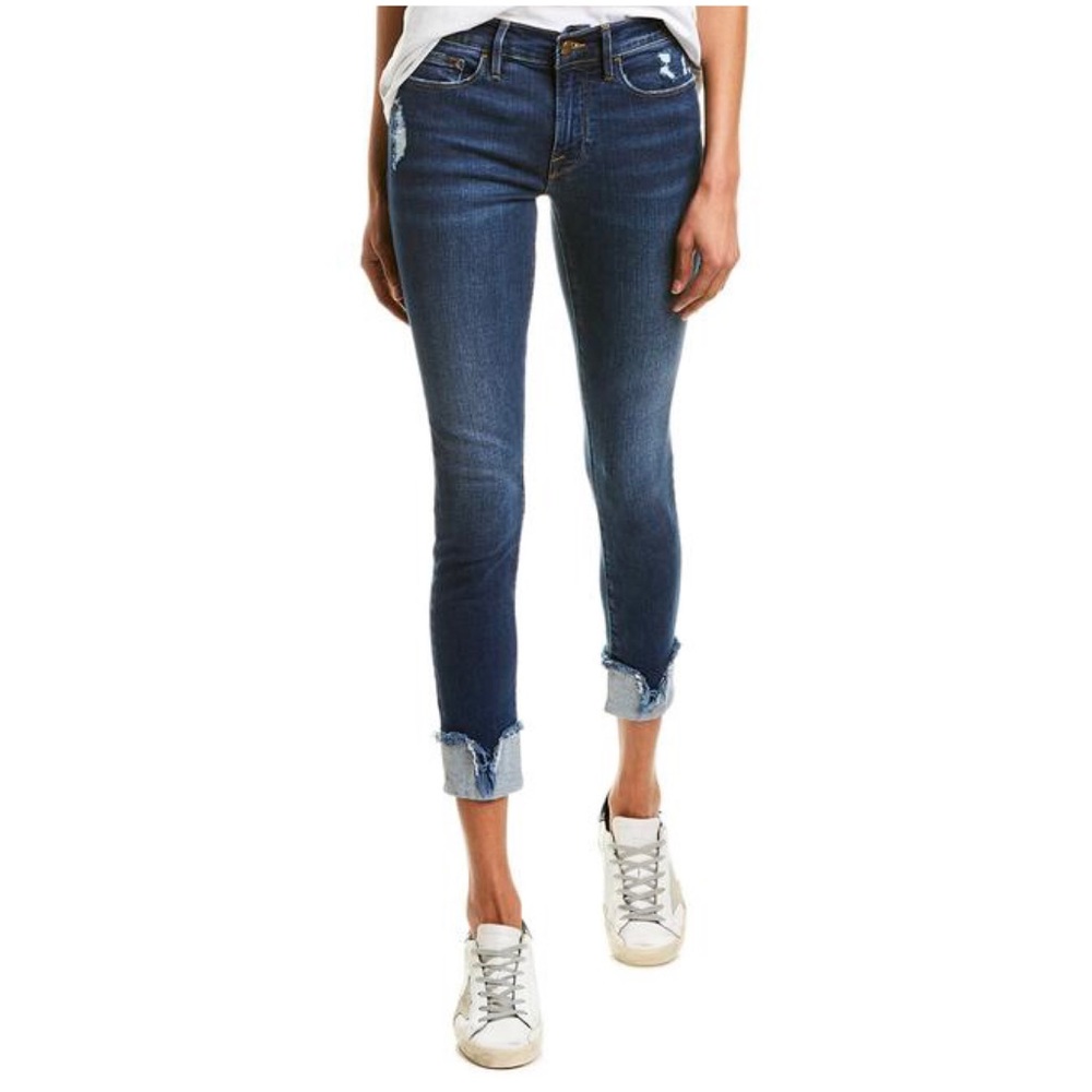 Frame Distressed Fringe Hem V Notch Cuffed Cropped Medium Wash Skinny Jeans